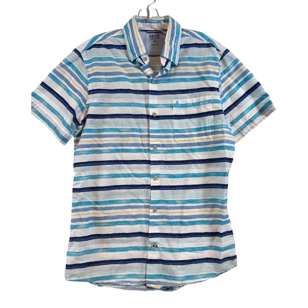 IZOD Saltwater Mens Blue Striped Short Sleeve Button Down Shirt M Summer Beach